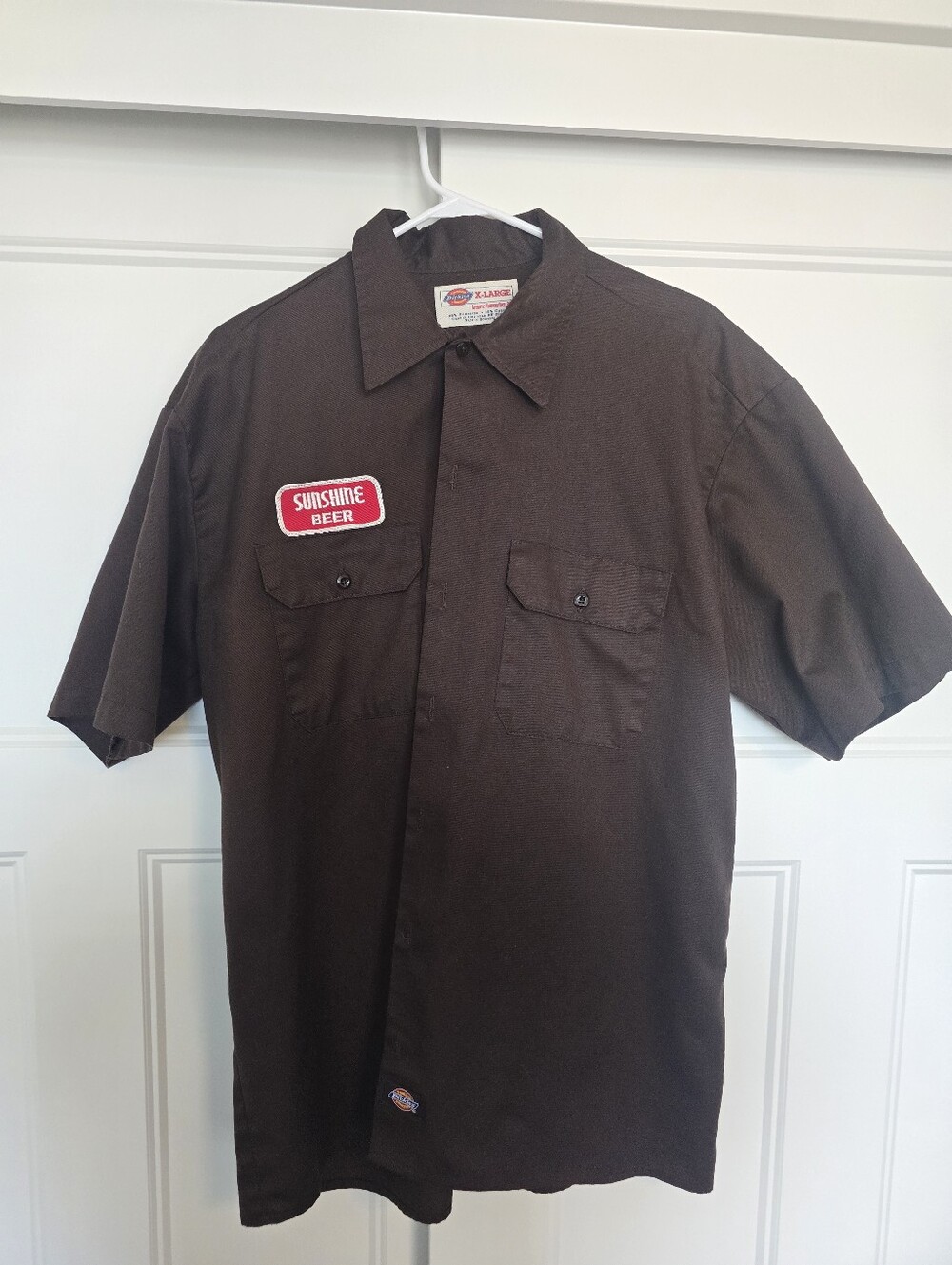 Vintage Dickies Work Shirt XL Brown Sunshine Beer Patch Short Sleeve Button Up